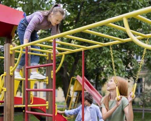 Children playing on playground equipment